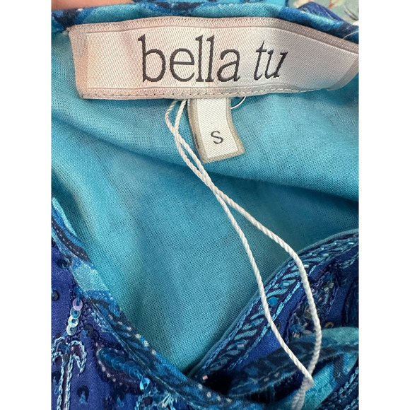 Bella Tu Blue Batik Floral Tier 3/4 Sleeves Boho Midi Dress size Small - Picture 3 of 16